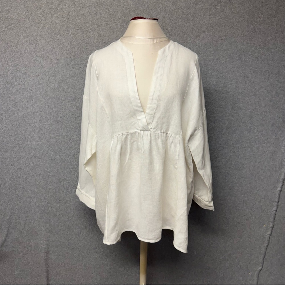 Zara Linen Blouse Top Bohemian Tunic Babydoll Deep V Neck Oversized Fit Size S
